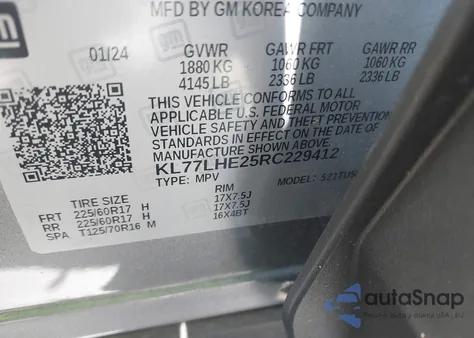 2024 Chevrolet Trax Fwd Lt z USA, uszkodzony, nr VIN KL77LHE25RC229412